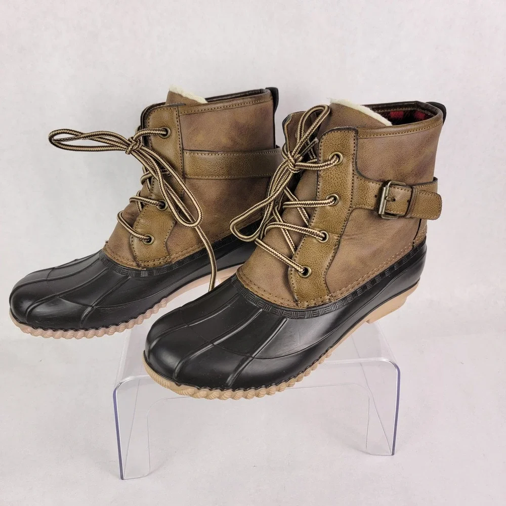 Madden Girl Rain Duck Boots Flannel‎ Lined Waterproof Womens 8 Brown Casual Cute